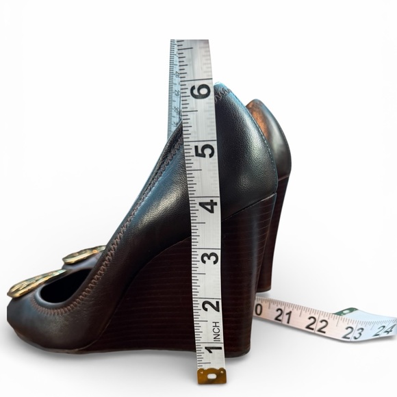 Tory Burch Sally Dark Brown Leather Wedge Heels Size 8.5 - Picture 7 of 7